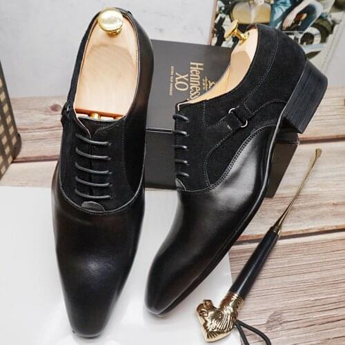 New Style Mens Oxford Patchwork Suede Leather Shoes Black Brown Lace Up Pointed Toe Men Dress Shoes Wedding Office Formal Shoes