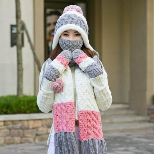 Knitted Hat Scarf Gloves Three Pieces Set One Piece Color Block Decoration Muffler Scarf Girls Winter Birthday Christmas Gift