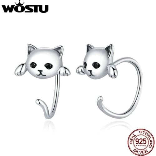 WOSTU New Earrings 925 Sterling Silver Cute Cat Love Small Free-Pick Design Stud Earrings for Women Jewelry DXE965