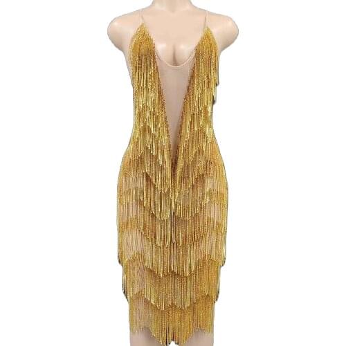 Gold Diamonds Chain Knee-Length Dress Sleeveless Performance Clothing Halter Birthday Party Dress Performance Suit Fringe Dress