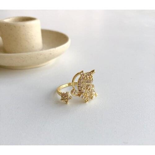 14K Real Gold Butterfly Engagement Adjustable Rings for Women Luxury Jewelry Zircon Elegant Wedding Flower Rings