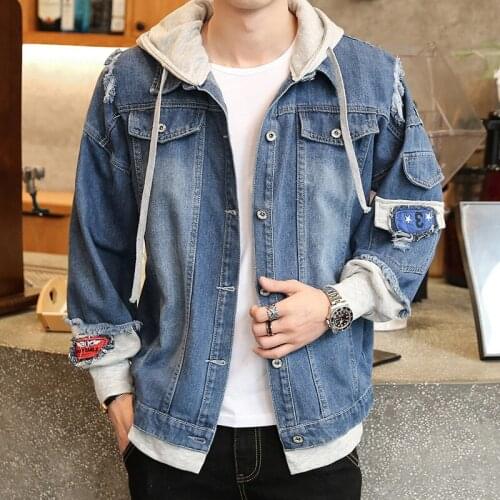 2021 Denim Jacket Coat Mens Handsome Fake Two-Piece plus Fertilizer Casual Shirt Jacket Korean Cowboy Outwear
