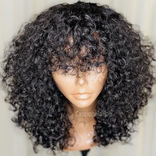 Brazilian Kinky Curly Wig With Bangs Full Machine Made Scalp Top Wig 180 Density Remy Short Funmi Curly Human Hair None Lace Wig