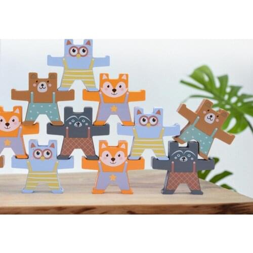 Kids Wooden Toy Building Block Bear Balance Stack Blocks Brick Toys Table Game Play with Family Early Educational Infant Gift