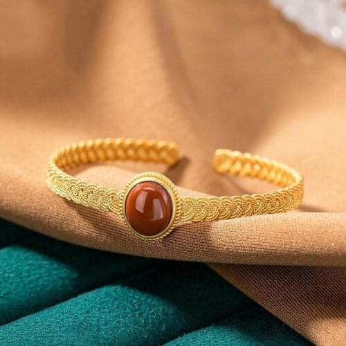 Designer original new silver inlaid southern red tourmaline open bracelet simple weaving fashion personality jewelry