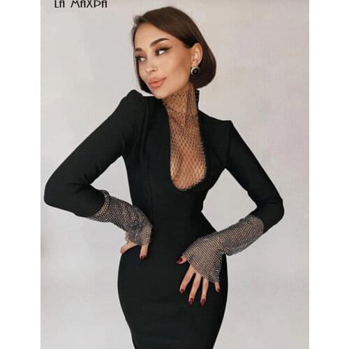 DEIVE TEGER Deep V-neck Long Sleeve Winter Clothing Bandage Shiny Beadings Mesh Split Dress Party Black Dresses For Women 8411