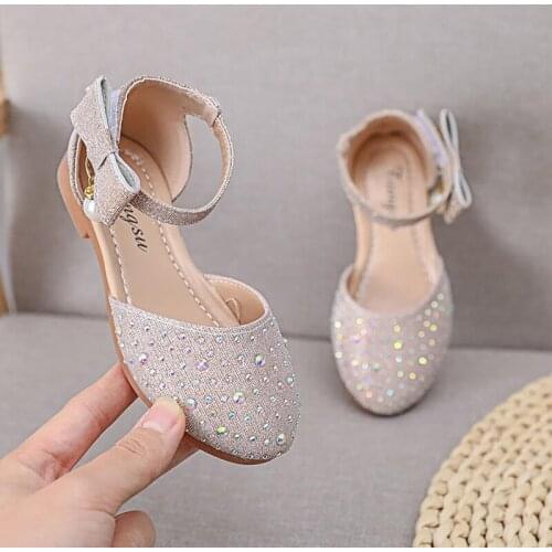 Summer Childrens Rhinestone Princes Sandals For Little Girls Ankle Strap Gold Silver Bling Wedding Party Dress Shoes New Shoe