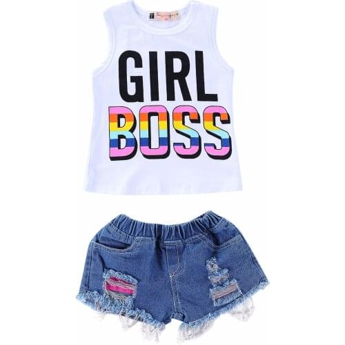 Baby girls clothing set top letters print GIRL BOSS vest + hole hollow out tassels shorts denim jeans pant kids clothes set