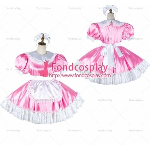 Fondcosplay adult sexy cross dressing sissy maid short baby pink satin dress lockable Uniform white apron Tailor-made[G2033]