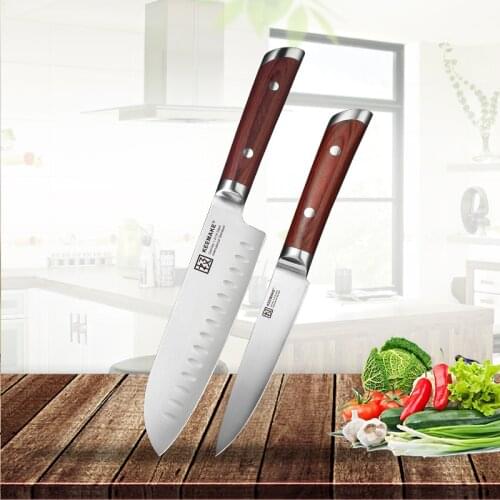 KEEMAKE 2PCS Kitchen Knives Set Santoku Utility Knife German 1.4116 Steel Sharp Meat Fruit Cutting Chef Knife Color Wood Handle