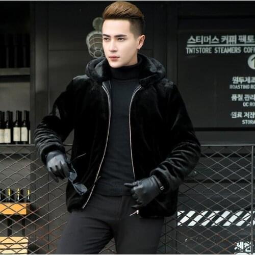 Autumn faux mink leather jacket mens winter thicken warm fur leather short coat men slim jackets jaqueta de couro hooded black