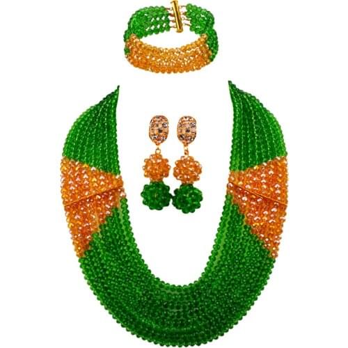 Latest Green Champagne Gold AB Nigerian Beaded Necklaces African Wedding Beads Jewelry Set Crystal Bridal Jewelry Sets LBSJ05