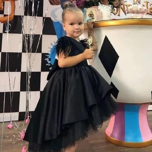 Stunning Black High Low Flower Girl Dresses Floor Length Feather Sleeve Baby Girls Birthday Dresses 9M-14Y