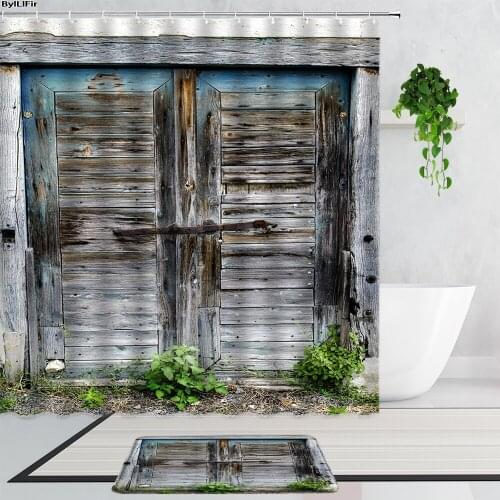 Dilapidated Wooden Door Shower Curtains Nostalgic Country Blue Wood Grain Plants Landscape Bathroom Curtain Set Non-Slip Carpet