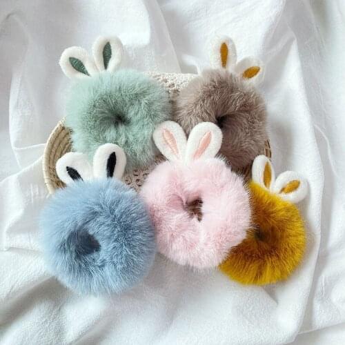 Faux Fur Rabbit Ears Hair Scrunchies Women Hairband Ponytail Holder Hair Rope Stretch Hair Ties Sweet Girls Hair Accessories