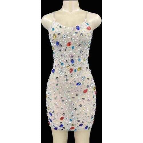 Sexy Transparent Multicolor Stones Dress Stage Show Dance Wear Mesh Sequins mini Dress Dance Performance Stretch Costume