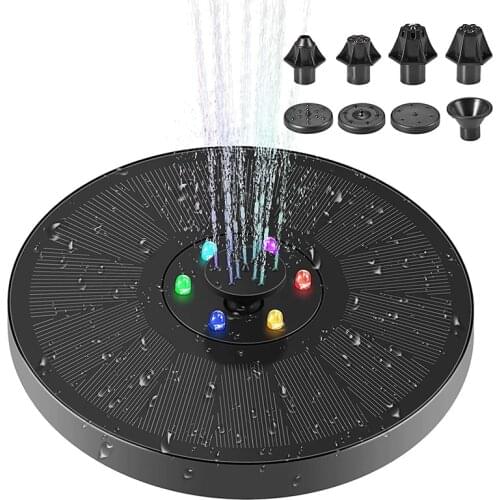 Solar Fountain Pump for Bird Bath,3W Floating Fountain with 6 LED Lights,7 Nozzles,for Garden, Pond, Pool, Backyard