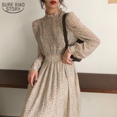 2021 Vintage Stand-Collar Ruched Sleeve A-line Dress Women Autumn Vestidos Femme Floral Printed Elastic Waist Female Dress 11453