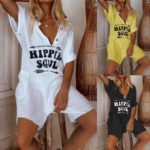 Women V Neck Short Sleeve Buttons Pockets HIPPIE SOUL Jumpsuit Playsuit Romper