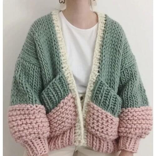 Women Winter Thick Loose Knit Stripped Sweater Coat Hand-knit Balls Crocheted Lantern Sleeve Jacket Pockets Knitwear Crop Tops