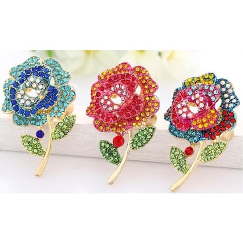 5cm*3.4cm Gold Tone RED GREEN Crystal Rose Flower Leaf Brooch Pin Wedding Accessories Decoration Bridal Brooch Bouquet Brooch