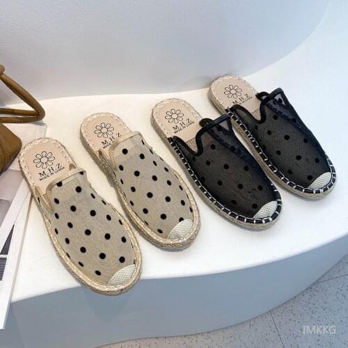 2021 Womens Flat Muled Rubber Polka Dot Summer Outdoor Mules Mesh Womens Espadrilles Flat Shoes Slippers For Girls Garden Slide