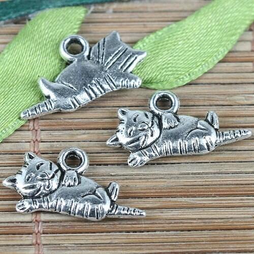 34pcs tebetan silver color cute sleeping cat design charms EF0206