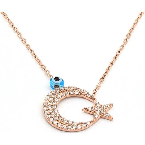 925 Sterling Silver Rose Plated Women Necklace with Zircon Stone and Evil Eye Bead