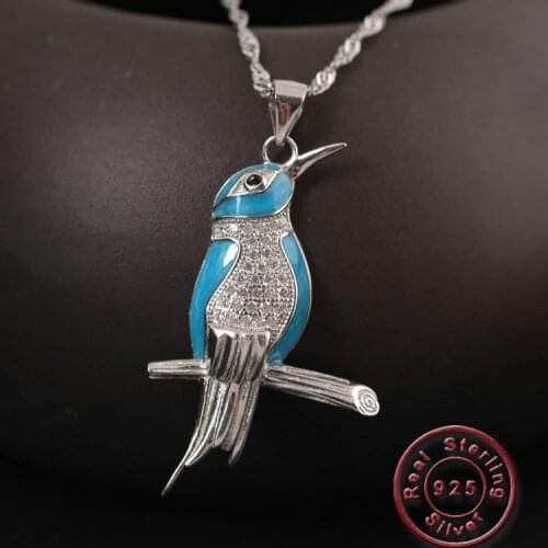 Amxiu 925 Sterling Silver Blue Enamel Bird Necklace Handmade Pendant Necklace for Women Girls Accessories Cubic Zircon Jewelry