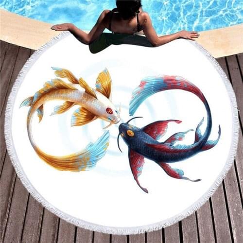 Goldfish Printed Microfiber 150cm Bath Towel Large for Adults Beach Cover Up with Tassel Round Beach Towel Mats Home Decor