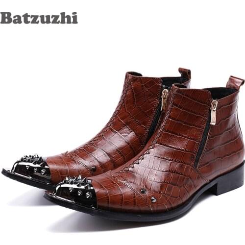 Batzuzhi Italian Style Fashion Mens Boots Pointed Toe Genuine Leather Ankle Boots Man Handmade Luxury Brown Botas Hombre