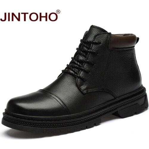 JINTOHO Winter Men Genuine Leather Shoes Fashion Men Leather Boots Black Mens Ankle Boots Warm Winter Shoes Work Snow Shoes