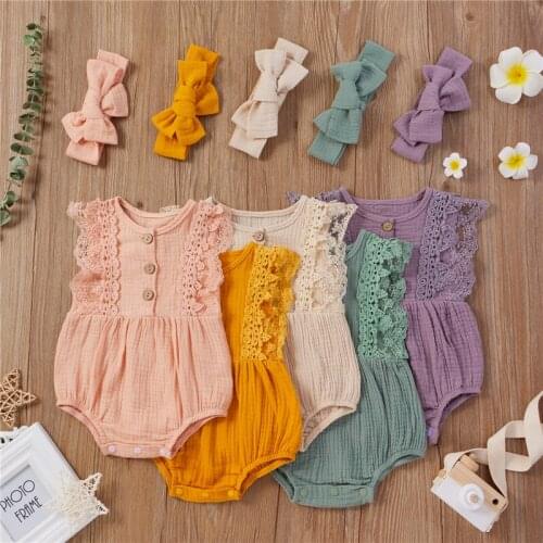 Newborn Baby Girls Cotton Linen Outfits Sleeveless Lace Sleeveless O-neck Button Romper Jumpsuits Headband Set for Kids Girls