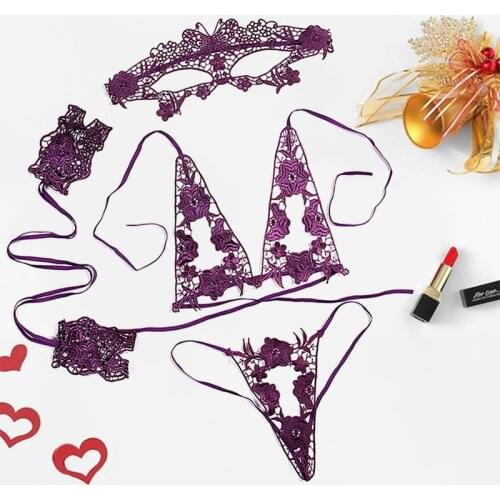 Women Sexy Lingerie Set 4Pcs Lace Mask + Sling Handcuffs Transparent Bra And Panty Set Hot Porno Flirting Underwear Sexy Bra Set