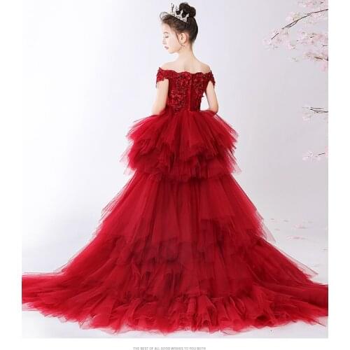 Off Shoulder Red Lace Girl Wedding Party Flower Girl Dress Long Trailing Kids Princess Pageant Gowns Girl First Communion Gown