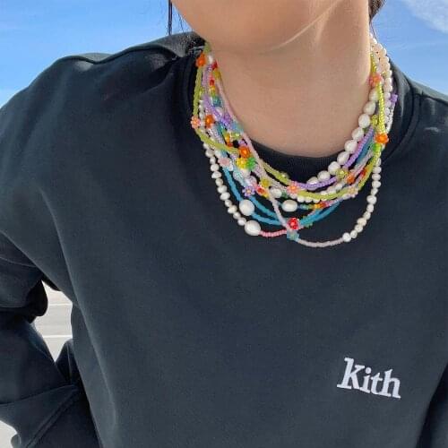 Trendy Bead Strand Beaded Choker Necklace For Women Bohemian Colorful Handmade Short Daisy Pearl Necklace Collar Jewelry