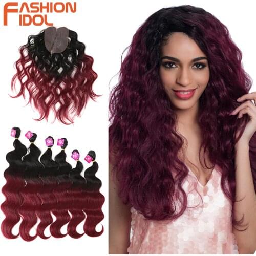 FASHION IDOL Body Wave Curl Hair 16-20 inch 7Pieces/lot 240g Synthetic Hair Bundles With Closure Middle Part Lace Front Closure
