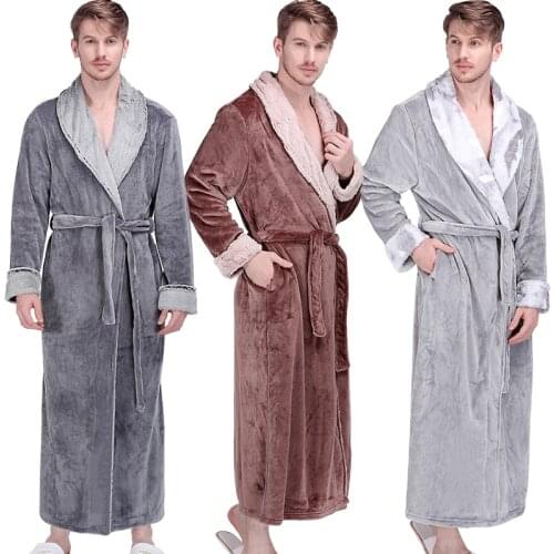 Men Winter Extra Long Thick Thermal Bathrobe Mens Luxury Flannel Warm Kimono Bath Robe Women Sexy Fur Robes Male Soft Nightgown