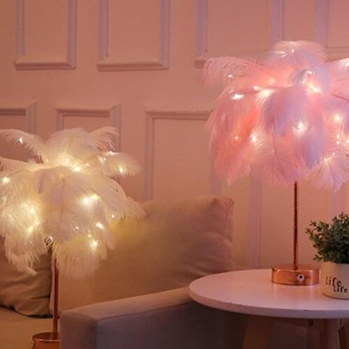 Feather Table Lamp USB/AA Battery Power Remote Control DIY Creative Warm Light Tree Feather Lampshade Wedding Home Bedroom Decor