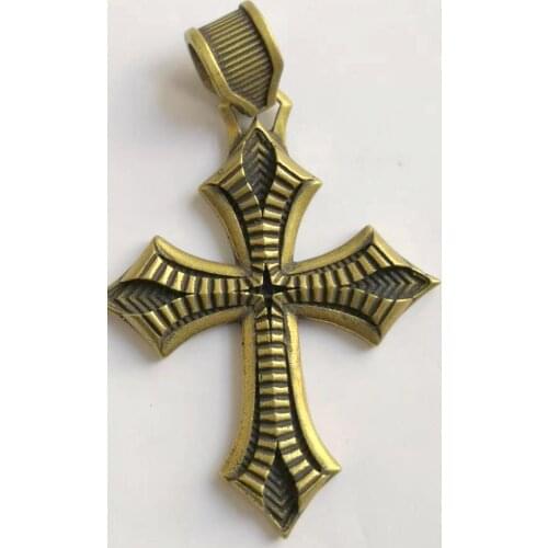 Delicate Old-style Brass Carved Cross Statue Auspicious Pendant