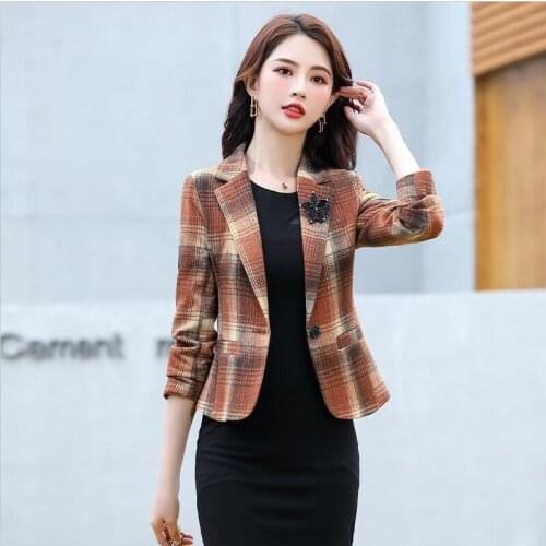 Lattice Blazer Women Suit New 2021 Suits Womens Blazers Short Slim Big Pocket Spring And Autumn Coat Female Jacket