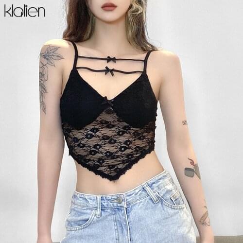 KLALIEN Sexy See-Through Solid Black White Lace Female Camisole 2021 Spring New Fashion Streetwear Clubwear Slim Female Top