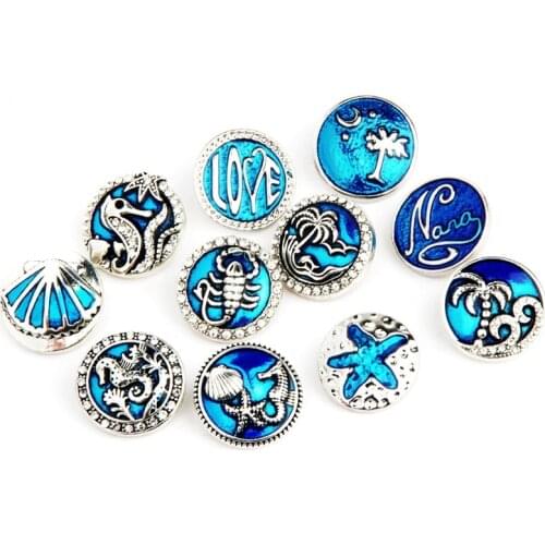 Navy Ocean Marine Life 18mm Snap Buttons Shell Starfish Patterns Beach Style Ginger Snaps DIY Bracelets/necklace Jewelry NMB036