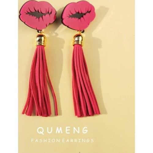 QUMENG Trendy vintage Tassel rose red Lips stud Earring Korean 2020 Red Mouth Chain Long Tassel Earrings For Women