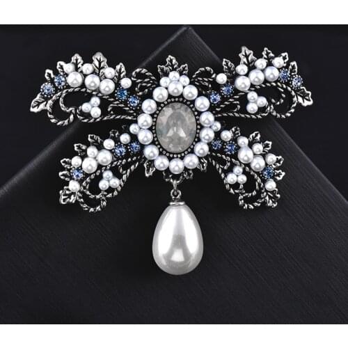 KIOOZOL Luxury Chic Bow Brooch Drople Shape Pearl Pendant AAA Zircon Brooch For Women Vintage Jewelry Accessories 155 KO2