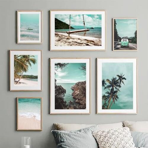 Scandinavian Style Travel Beach Bus Landscape Canvas Wall Poster Nordic Print Painting Nature Decoration Pictures Modern Home