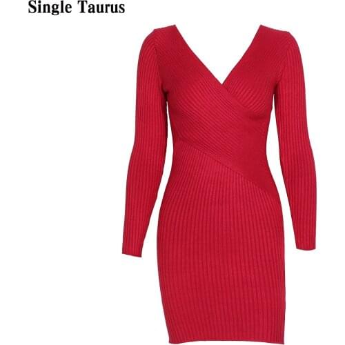 Sexy Club Bodycon Dress for Women 2020 Fall Winter Red Knitted Sweater Mini Woman Dresses Long Sleeve Veck Sexy Robe Femme