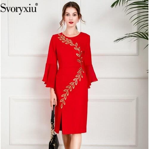 Svoryxiu 2021 New Autumn Winter Vintage Party Red Dress Womens Elegance Big Flared Sleeves Gold Line Embroidery Dresses XXL