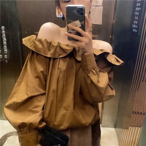 2021 New Women Summer Slash Neck Sexy Shirt Loose Ruffle Blouse Long Sleeve Casual Straight Pullover Tops