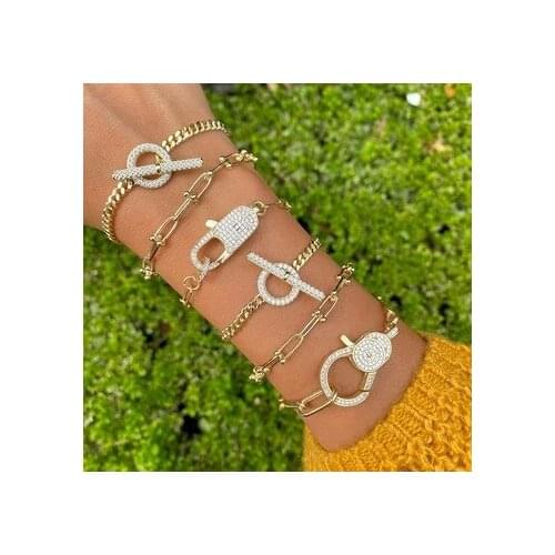 New arrived women Fashion Iced out bling 5A Cubic Zircon Geometric Box Chain Circle Bar OT Buckle Link Chain Bangle Bracelets